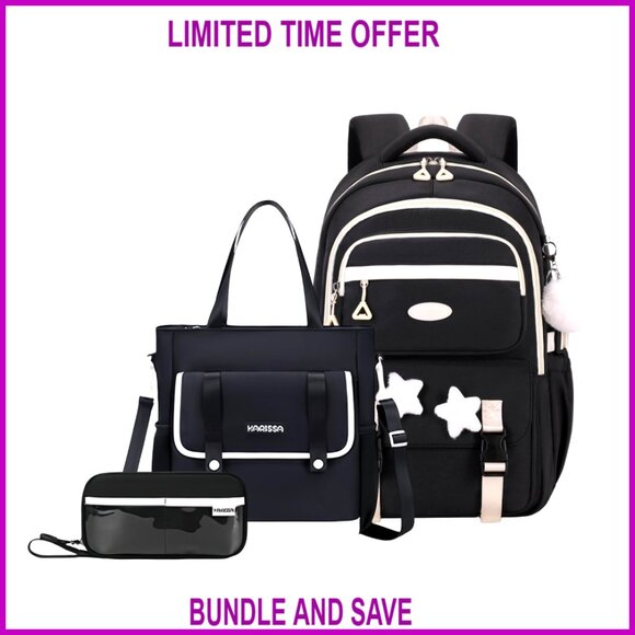 Nylon Backpack Set with Tote Bag for School Girls Star Pins Included